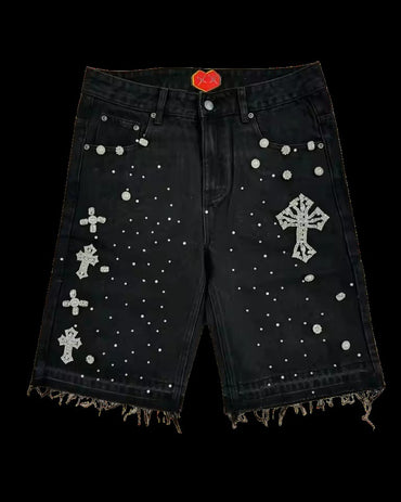 Retro Gothic Y2k Sweatpants Oversized Iron Diamond Pattern Denim Shorts for Men Hip Hop Punk Low Waist Gym Shorts Streetwear