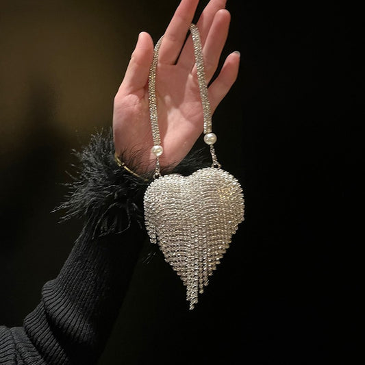 Bolsa de Noite Pequena de Luxo com Brilho em Formato de Coração, Strass, Bolsa de Mão Feminina da Moda com Corrente para Ombro, Presente para Festa