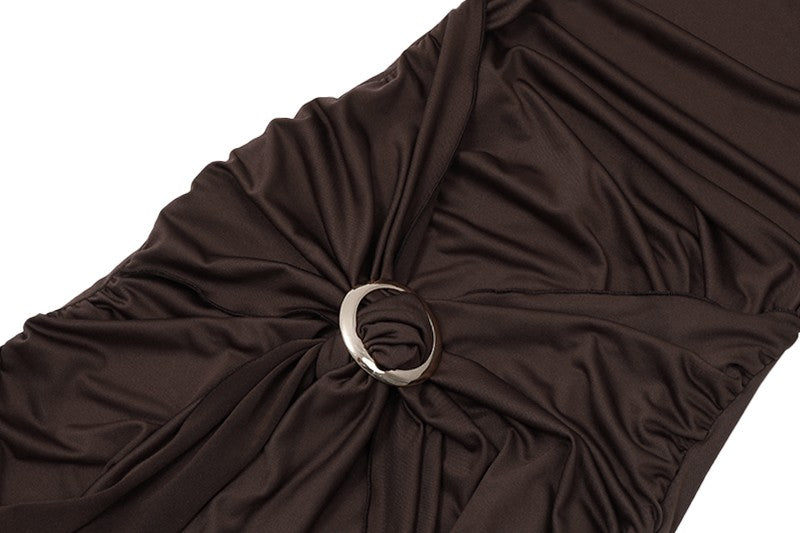 WhereMery Vintage Brown Low-cut Backless Mini Dress Y2K Women Bandage Pleated A-
