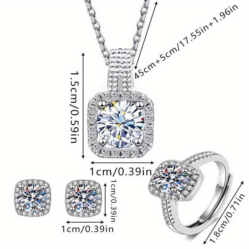 Conjunto 3 Peças Marca Luxo Brilhante Geométrico Quadrado Zircão Colar Brincos Anéis para Mulheres Conjunto Joias de Moda Charmoso Presente de Aniversário