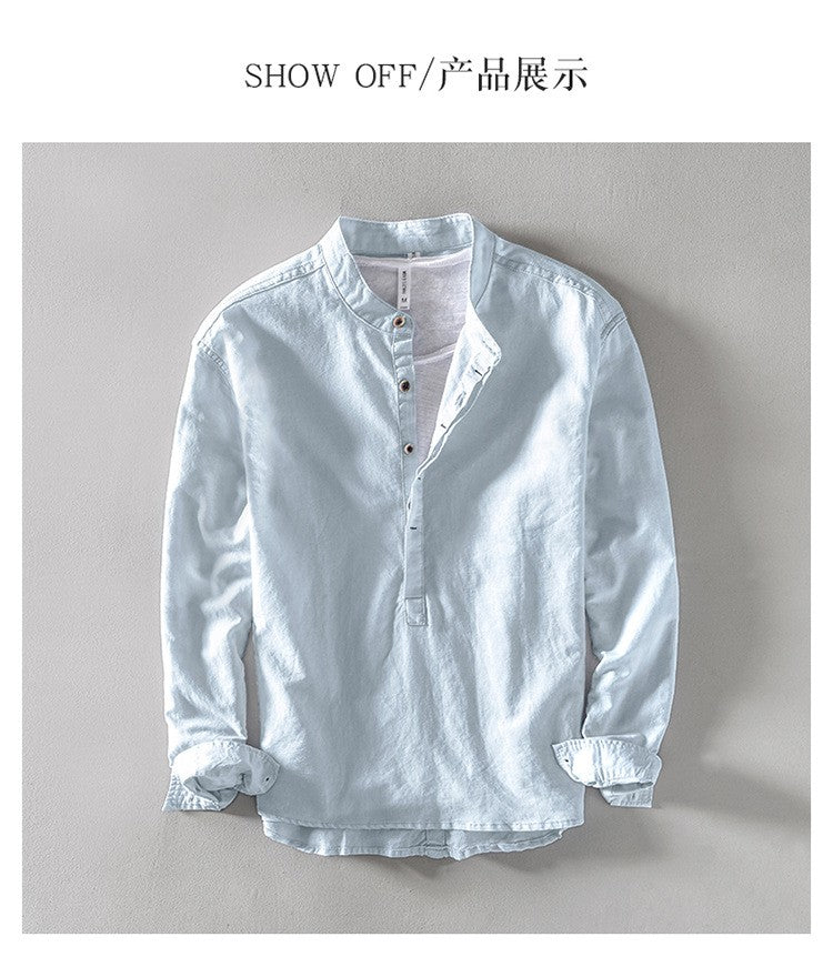 2024 Men's Linen Long-sleeved Shirt with Stand Collar, Youth Casual Loose Men's Cotton and Linen White Shirt.Beach Vacation Top