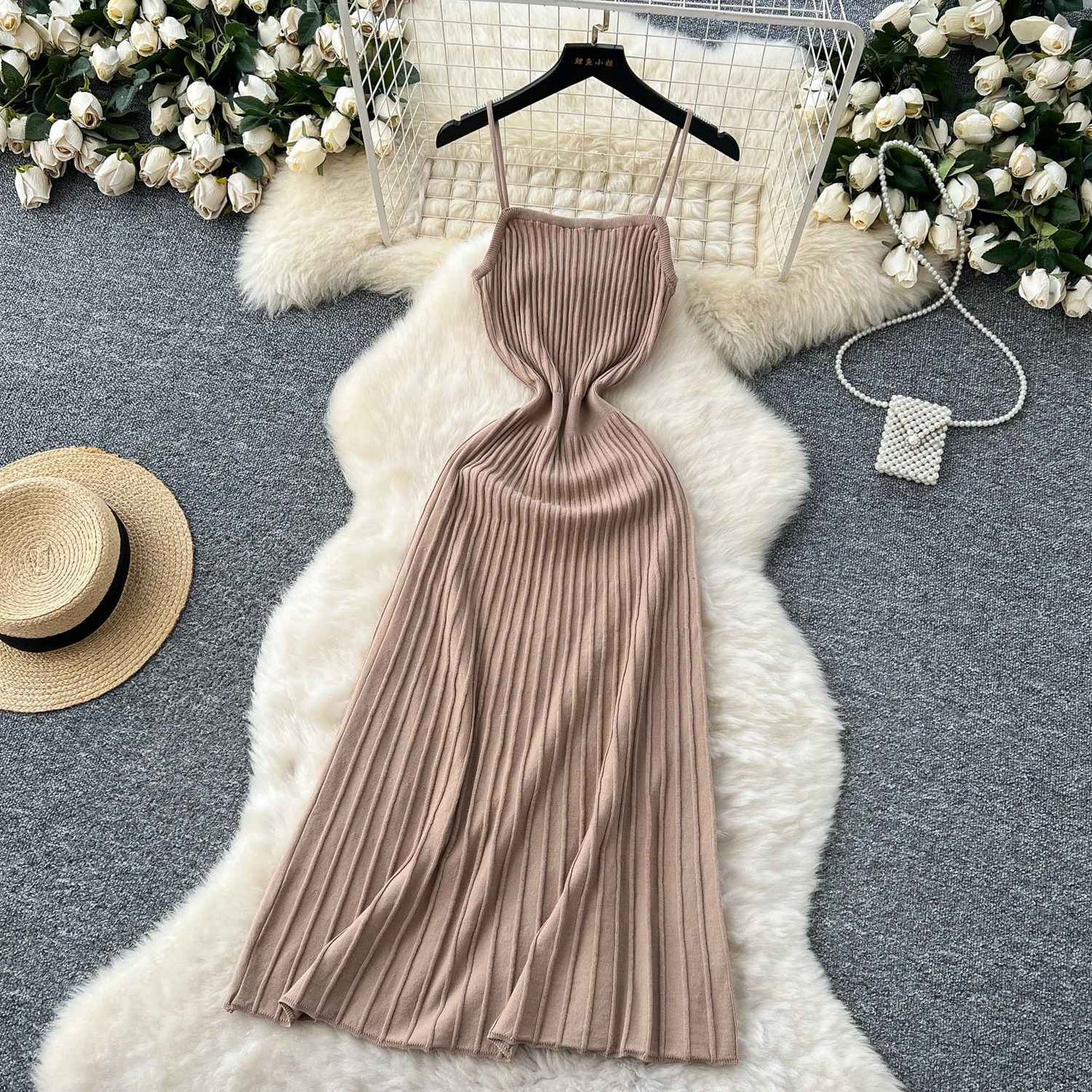 Knitted Pleated Long Dress High Waist Midi Sling Dress Elegant Sleeveless Yellow