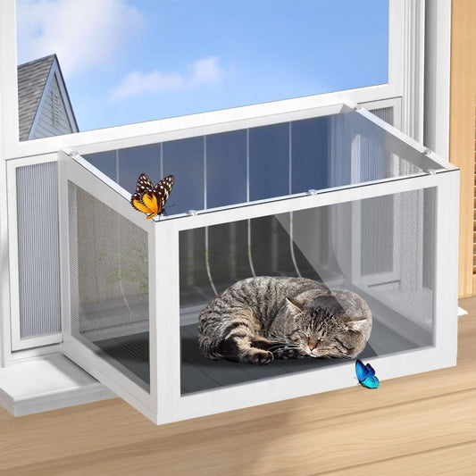 Catio para Janela, Gabinete para Gatos Interno e Externo com Painéis Transparentes, Laterais de Malha e Cortina de PVC, Poleiro Universal para Janelas