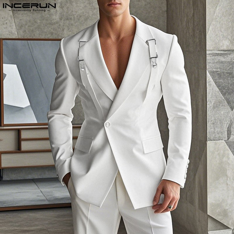 Fashion Well Fitting Tops INCERUN New Men's Deconstruct Metal Buckle Suit Coat Casual Streetwear Male Solid Long Sleeved Blazer