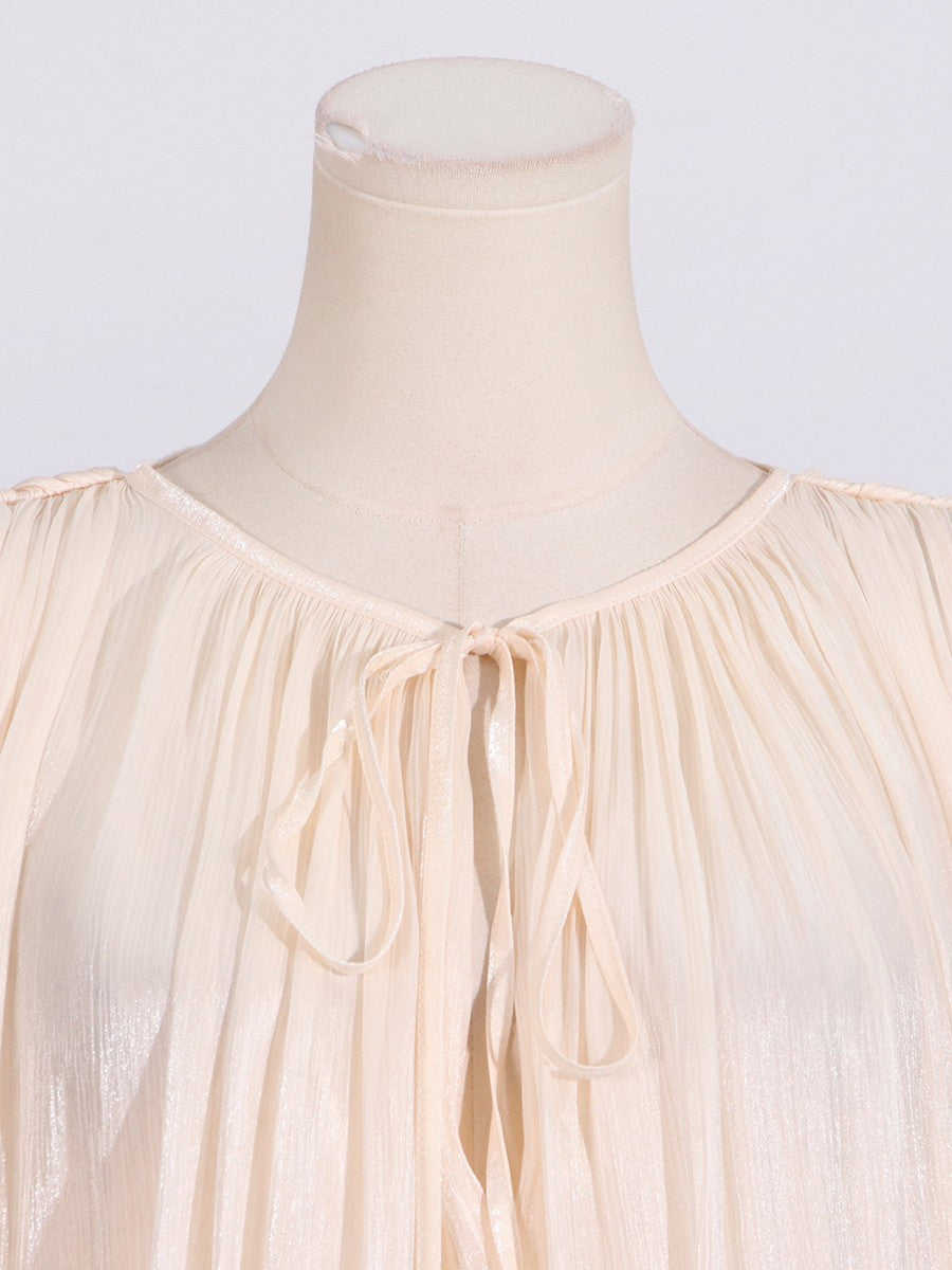 GALCAUR Solid Loose Splicd Lace Up Dresses For Women V Neck Long Sleeves Patchwo