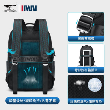 Septwolves Luxury Leather Backpack for Men Monogram Printed Stylish Laptop Backpack 15 Inch Travel Bag Black Business Backpack