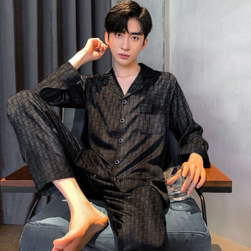 Plus Size Men's Pajama Suit Long Sleeve Silk Jacquard Pattern Premium Black Suit Lapel Top Long Pants Sleepwear Loungewear