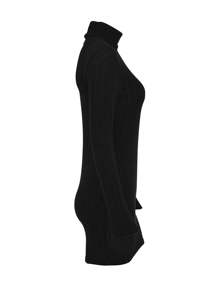 New Sexy Mini Dress For Women Autumn Black Solid Turtleneck Long Sleeves Sheath