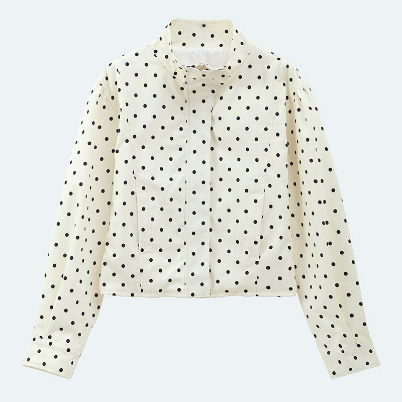 Polka Dot Stand Neck Short Jackets Women Fashion Long Sleeve Patchwork Contrast Slim Coats Casual Lady Street Commute Outerwear