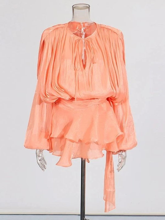 TWOTWINSTYLE Elegant Ruched Mini Dress For Women Round Neck Lantern Long Sleeve
