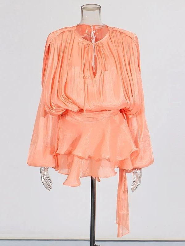 TWOTWINSTYLE Solid Blouse Mini Dresses For Women V Neck Long Sleeve Spliced Lace