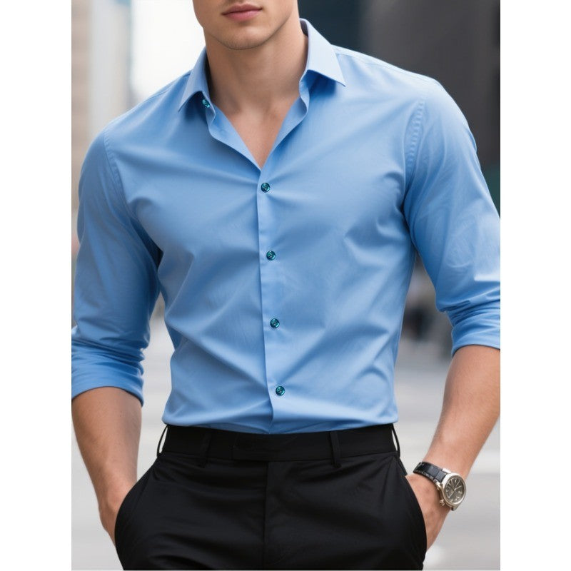 FGKKS Men Casual White Shirt Brand Fashion Solid Color Long Sleeve Elastic Fabric Male Business Dress Shirt