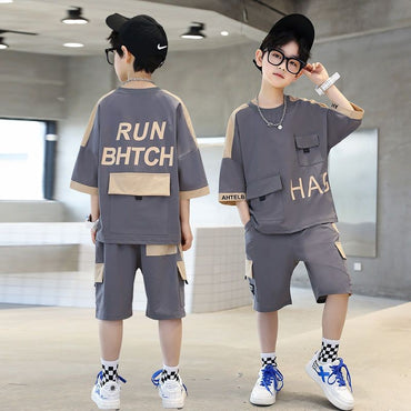 Summer Teenage Boy Short Sleeve Clothes Set Children Letter Print Top and Bottom 2 Pieces Suit Kid T-shirts Shorts Tracksuit