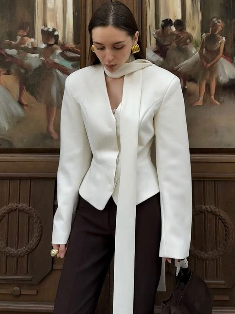 Tossy Elegant Female Striped Suit Coat For Women Scarf Lace-Up Patchwork V-Neck Long Sleeve Luxury Outwear Female Jackets Coat
