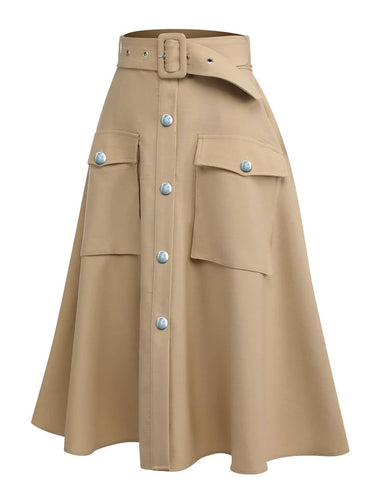 Plus Size Utility Cargo Midi Skirt Women's High Waist Belted A-Line Work Skirt with Pockets Free Shipping