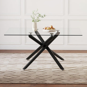 Rectangular Black Glass Dining Table, 63 Long, Seats 6-8, Tempered Glass Surface, Metal Frame, Suitable for Kitchen or Dining Ar