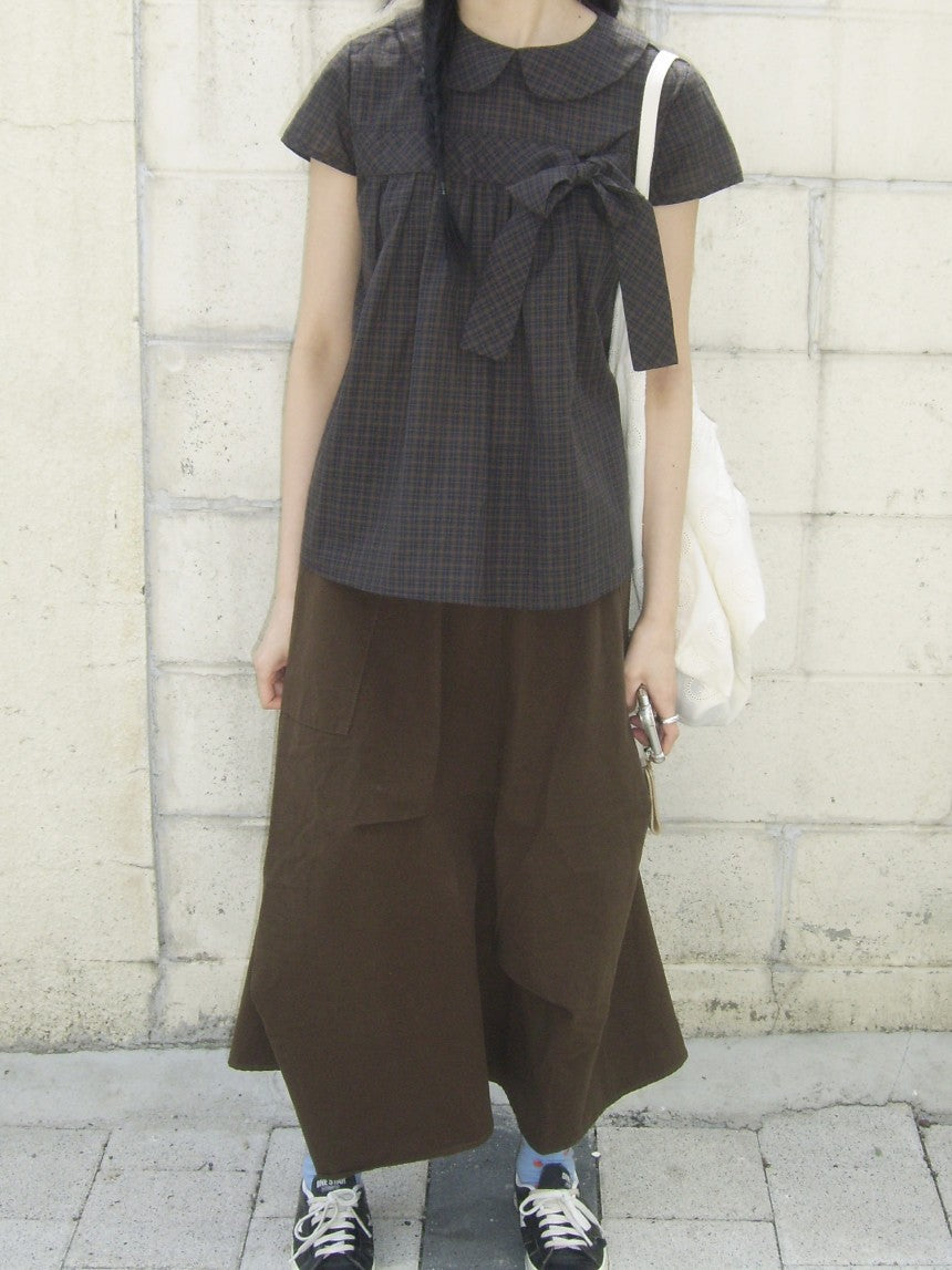 Vintage Plaid Shirts Women Japanese Harajuku Bow Peter Pan Collar Blouses Summer Korean Aesthetic Short Sleeve Casual Tops New