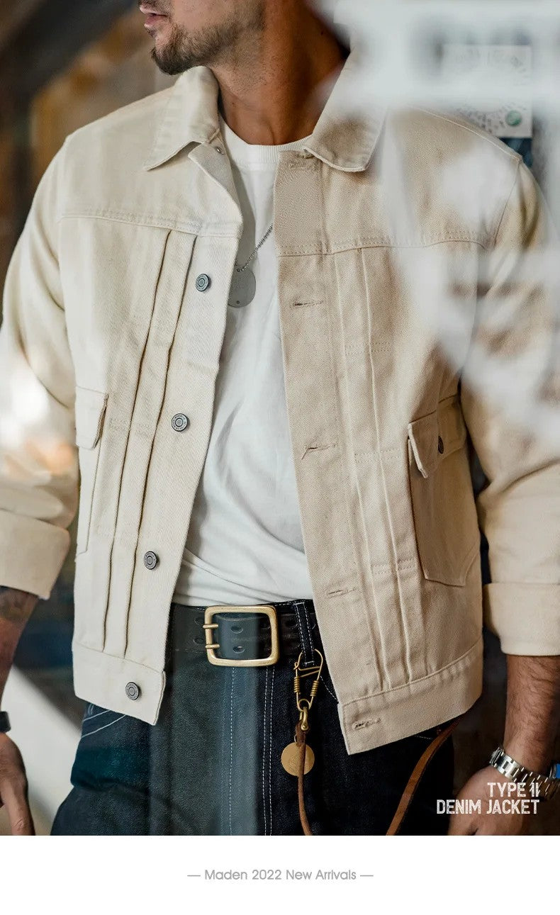 Maden Retro Type II Denim Jackets Beige Cotton Washed Denim Coats for Men's Autumn Versatile Single-breasted Lapel Outwear