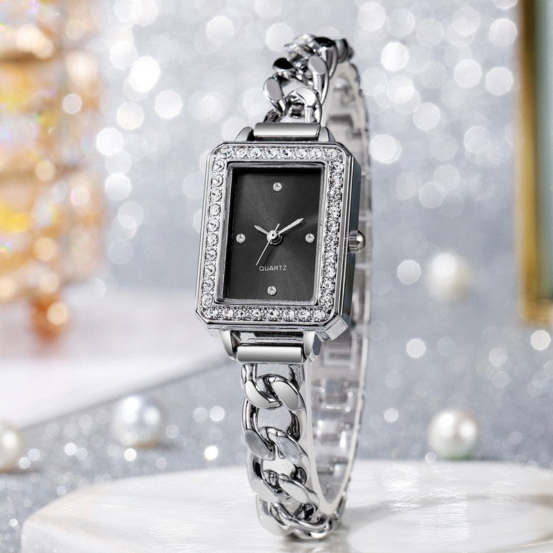 Ladies' Fashion Diamond Set Square Diamond Dot Scale Dial Steel Belt Chain Strap Quartz Watch