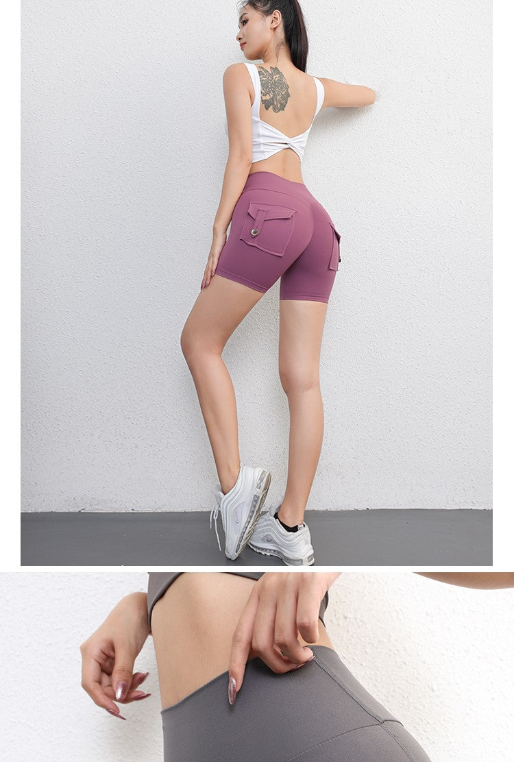 Peach Butt Fitness Shorts Women's Exercise Three-Quarter Pants Cargo Air Dry Pocket Yoga Tight Lift Summer