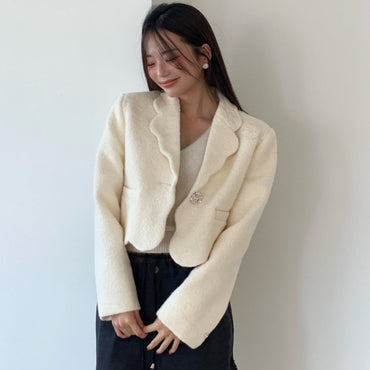 High-end Unique Button-down Woolen Cropped Coat Women Fall Winter Black White Jacket Vintage Design Long Sleeve Coats 2025