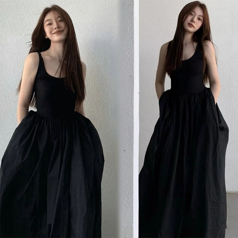 Black Strapless Long Dress Women Fashion Slim Sleeveless O-Neck High Waist Dress