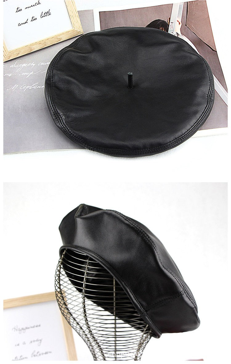 Boina Feminina de Couro Genuíno de Ovelha Outono Inverno Chapéu de Pintor Estilo Britânico Vintage Versátil Casual de Couro Legítimo