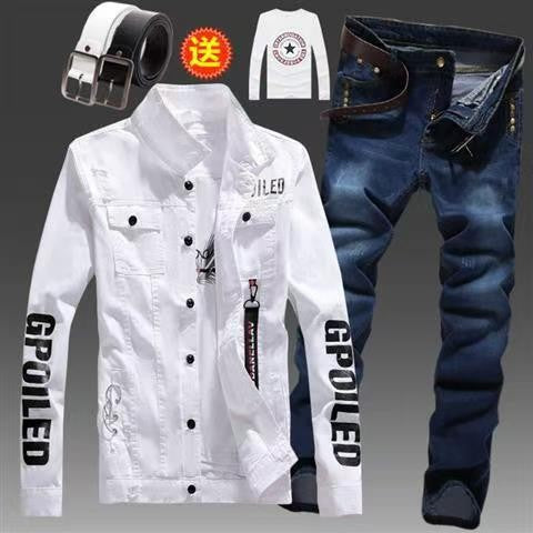 Men's Slim Fit Denim Jacket Pants 2pcs Set Long Sleeve Coats Letters Printed Casual Large Size Black White Red Boys Trousers