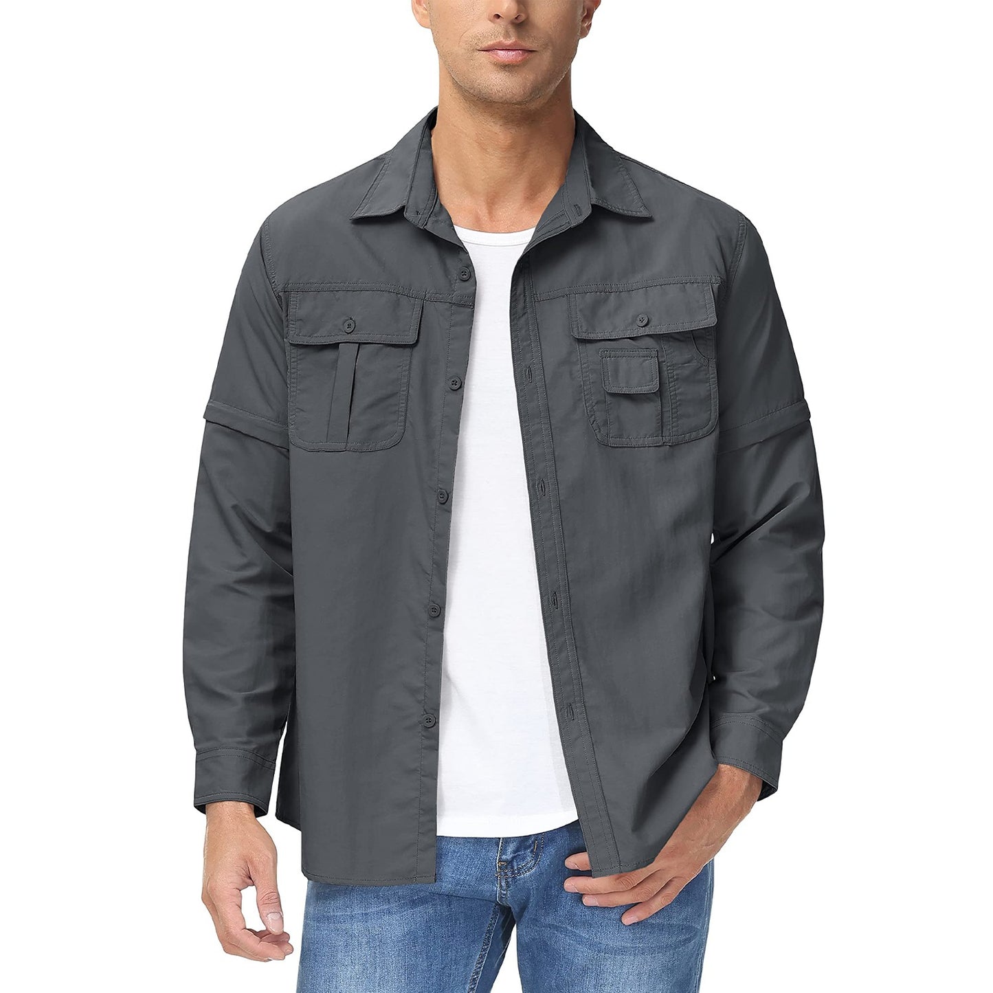 TACVASEN Summer Quick Dry Long Sleeve Cargo Work Shirts with Pockets Mens Safari Hiking Shirts Button Down Shirts Clothes Males