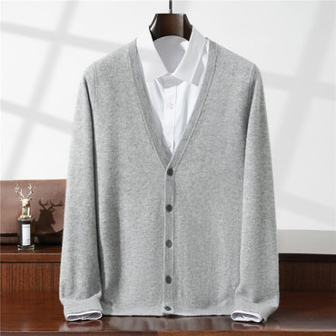 New Simple Button-Up Long Sleeve 100% Wool Cardigan Men's V-Neck Autumn Winter Versatile Commuter Sweater Knitted Jacket