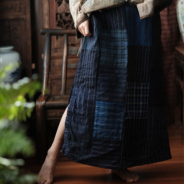 Women Cotton Linen Llong Skirt New Arrival 2025 Autumn Vintage Style Plaid Pattern Loose Comfortable Femae Casual Skirts M2006