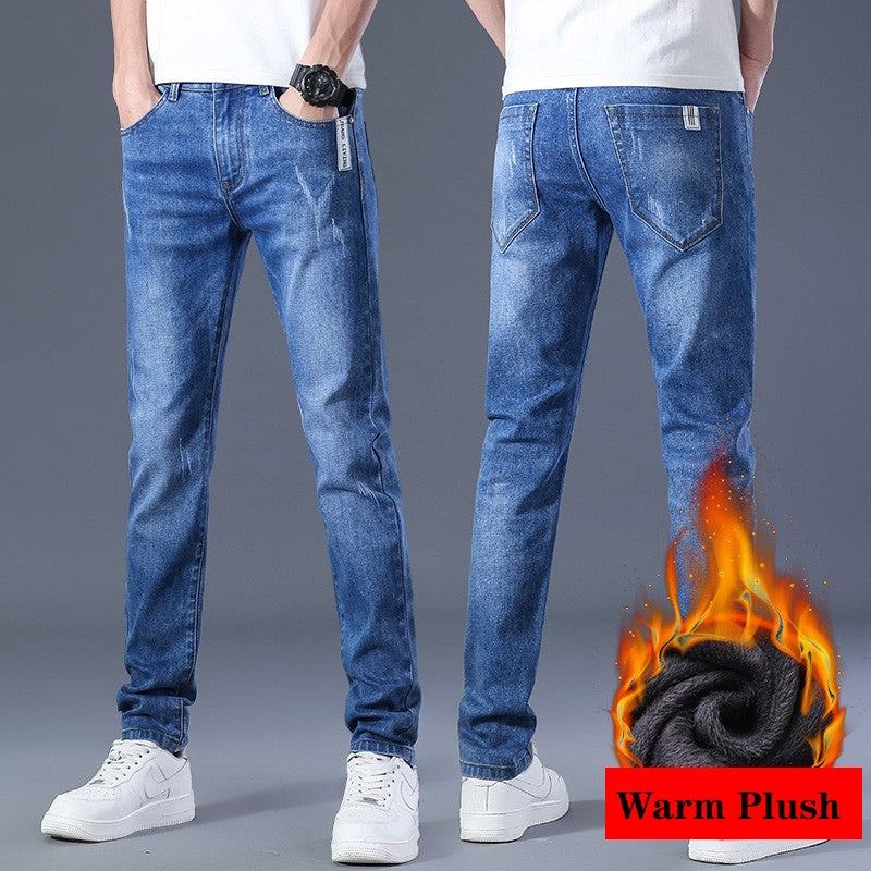 Men Winter Thermal Jeans Snow Warm Stretch Straight Jeans Man Fleece Denim Long Pants Cool Narrow Leg Slim Fit Blue Trousers