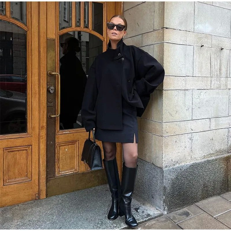 Women Fashion Stand Collar Woolen Jacket Single Breasted Long Sleeve Female Coat 2025 Autumn Chic Street Office Short Outerwears
