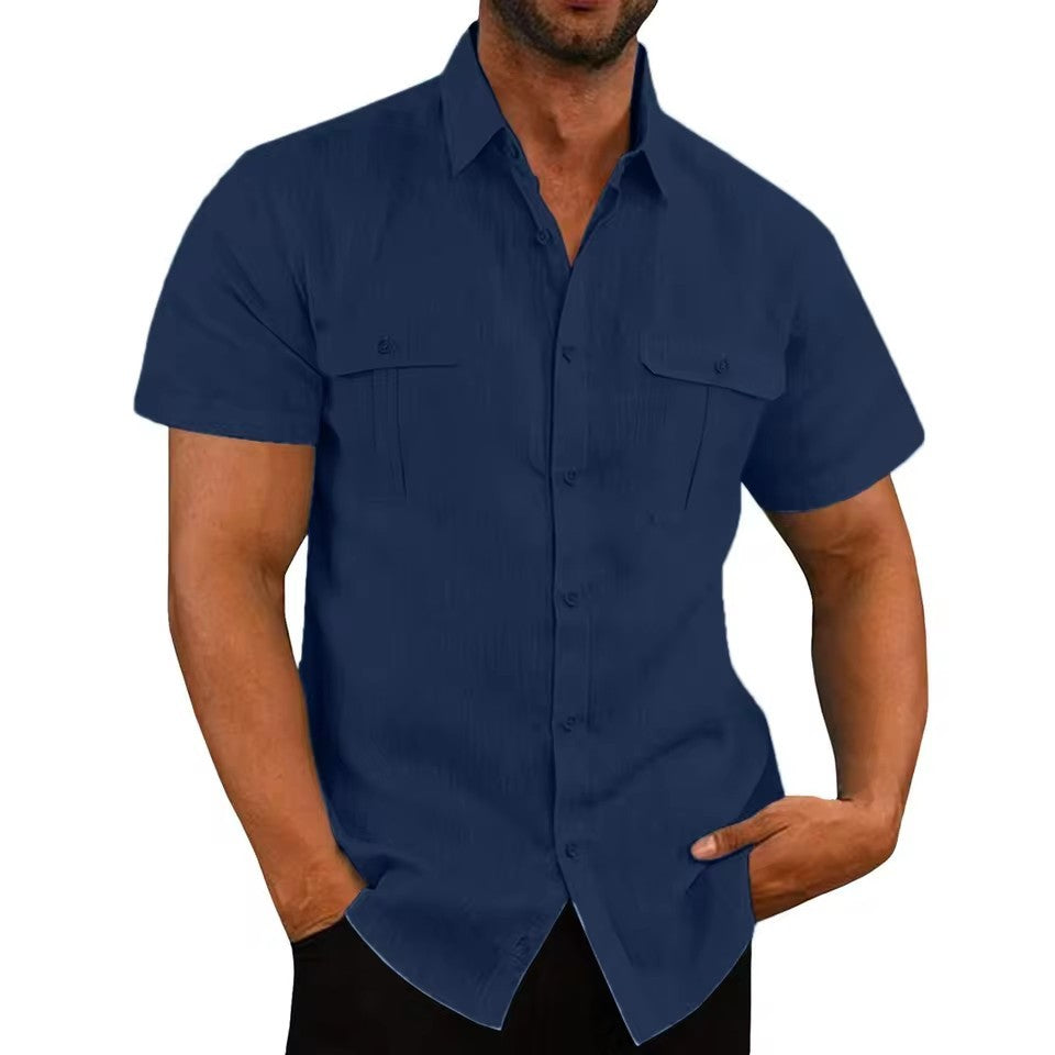 Cotton Linen Hot Sale Men's Short-Sleeved Shirts Summer Solid Color Turn-down collar Casual Beach Style Plus Size