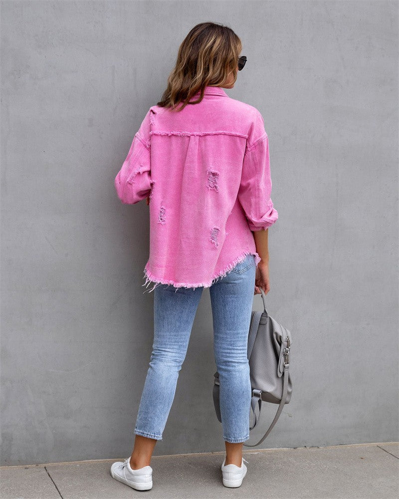 2023 Holes Raw-edges Denim Jacket Women Spring Autumn Shirt Style Jeancoat Casual Top Rose-Red Orange Purple Outerwear Lady Coat