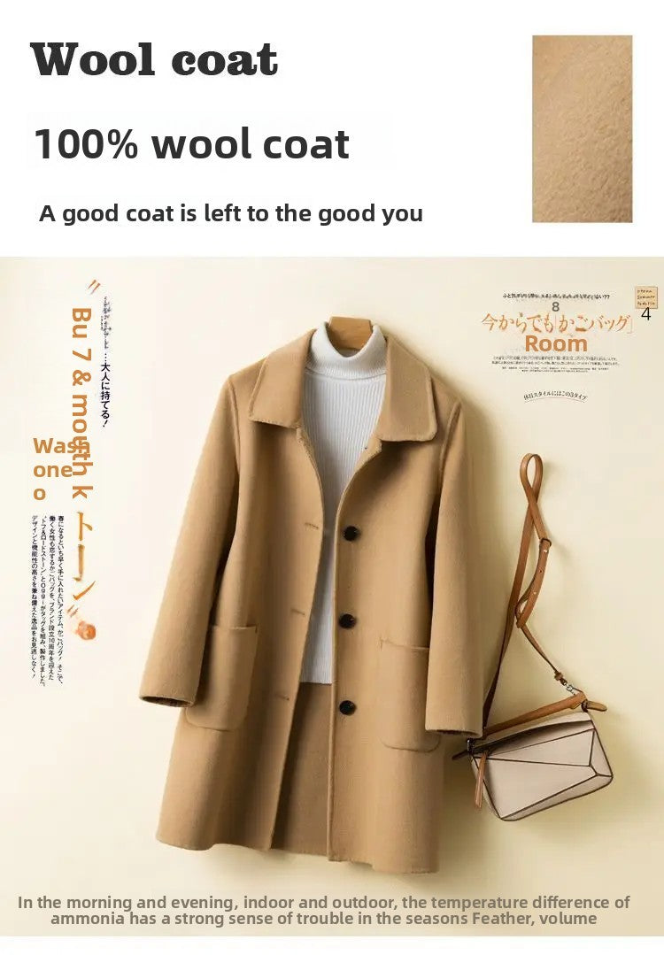 High-End Korean Style Double-Faced Cashmere Woolen Coat for Women Mid-Length Thickened Polyester Fiber Winter Outerwear
