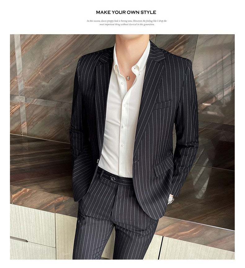 Men's Fashion High-Quality Slim Fit Two-Piece Suit Set Spring Autumn Stripes Business Casual Trousers And Jacket Combo