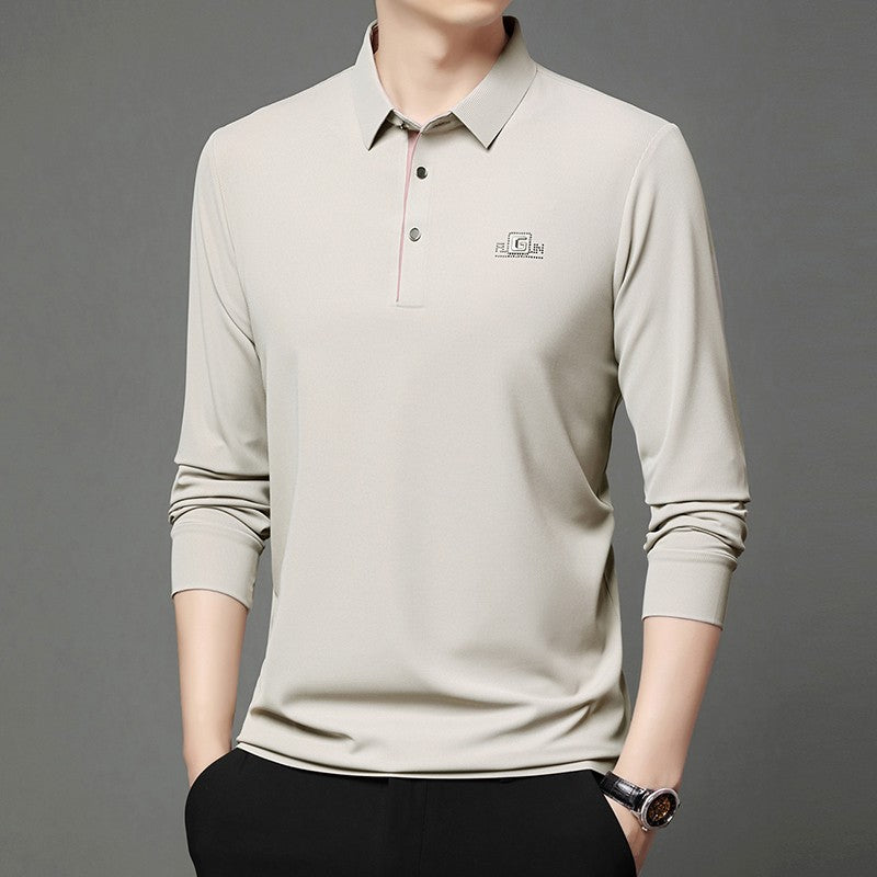New Men's Business Casual Long Sleeved Shirt with Badge Solid Color Polo Shirt Fashionable Breathable Comfortable Versatile Top