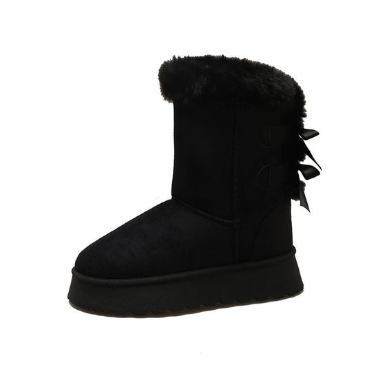 2024 Winter New Thick-soled Mid-tube Snow Boots Bow Furry Mouth Plus Fluffy Thick Cotton Boots Casual Everything