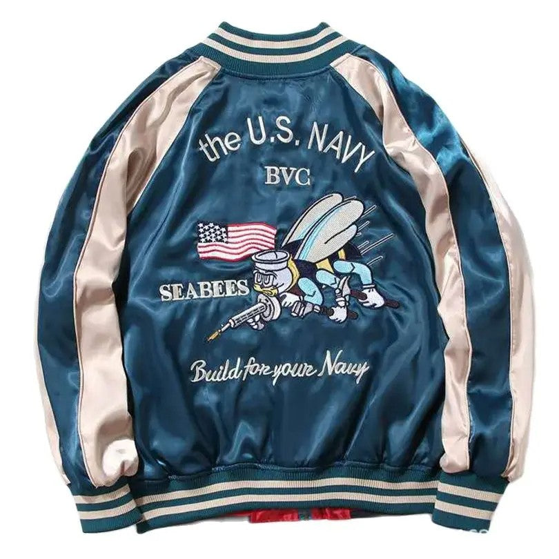 Satin Embroidered Bomber Jacket Men Women Couple Wear Coat Korean Oversize Sukajan Retro Spring Autumn 2025 Z1