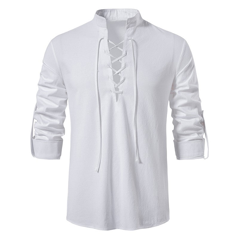 King Billion Men's Shirts Casual Men Cotton Linen Long Sleeve T-shirt Spring Autumn Vintage Shirt US Size Drawstring Neck