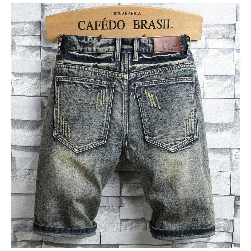 High Quality Men's Summer Holes Denim Shorts Jeans Men Straight Retro Shorts Jeans Men Knee Length Cowboy Jeans Shorts Size 40