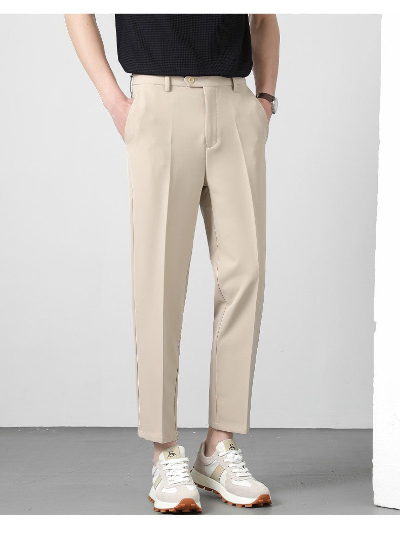 Spring Summer Suit Pants Men Business Smooth Slim Business Office Social Elastic Waist Ankle Length Formal Korean Trousers Male