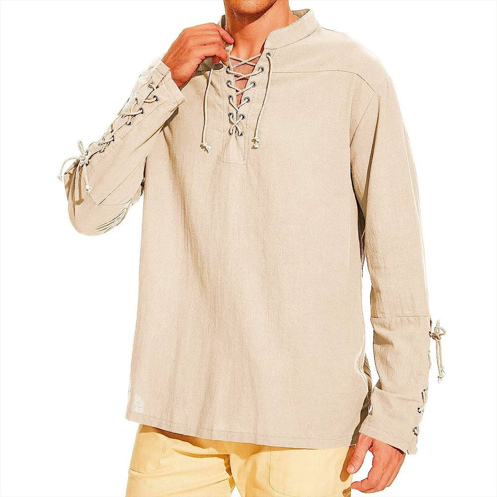 Cotton Linen Shirts for Men Medieval Costume Beach Tops Shirt Pull on Male Loose Casual Streetwear Cosplay Long Sleeve