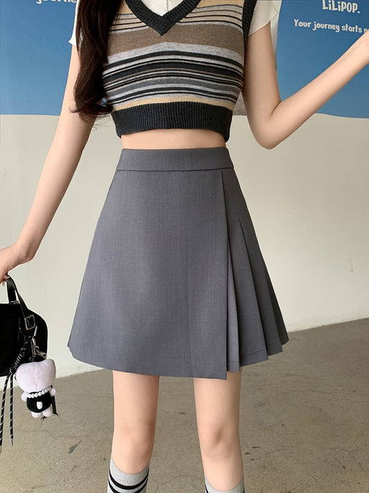 L-4XL Plus Size Skirt Women Spring Summer 2025 New Korean Fashion High Waist Pleated A Line Skirt Women Black Or Gray Mini Skirt