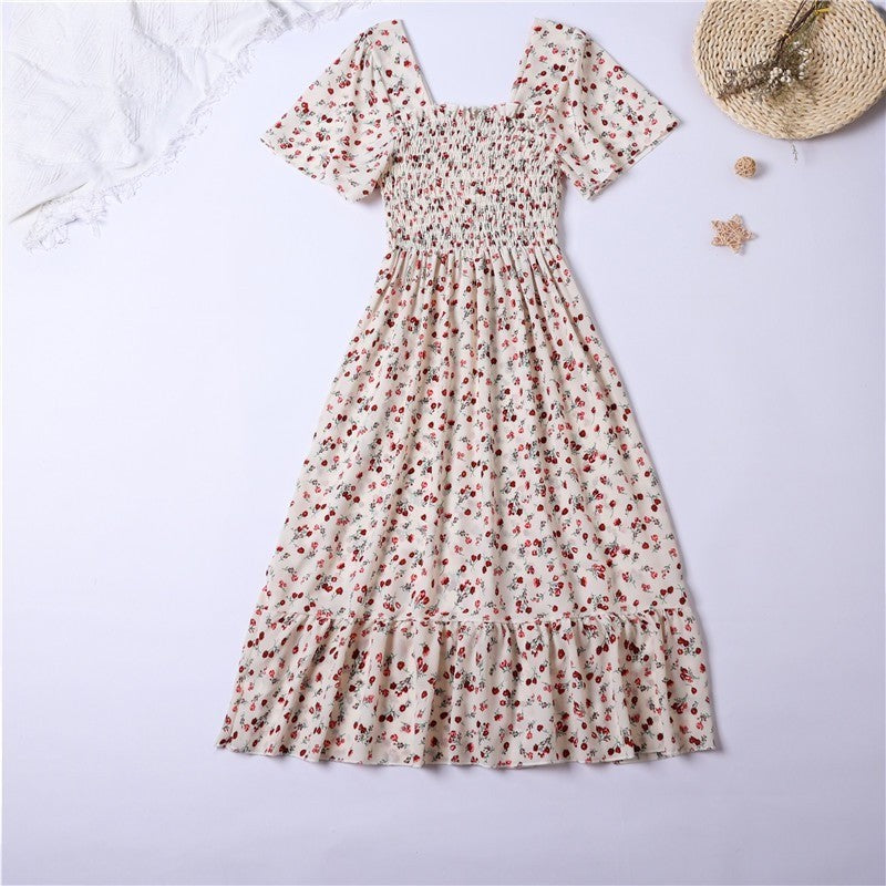 Spring Summer Chiffon Dress Women Midi DressesFemale Short Sleeve Elastic Waist