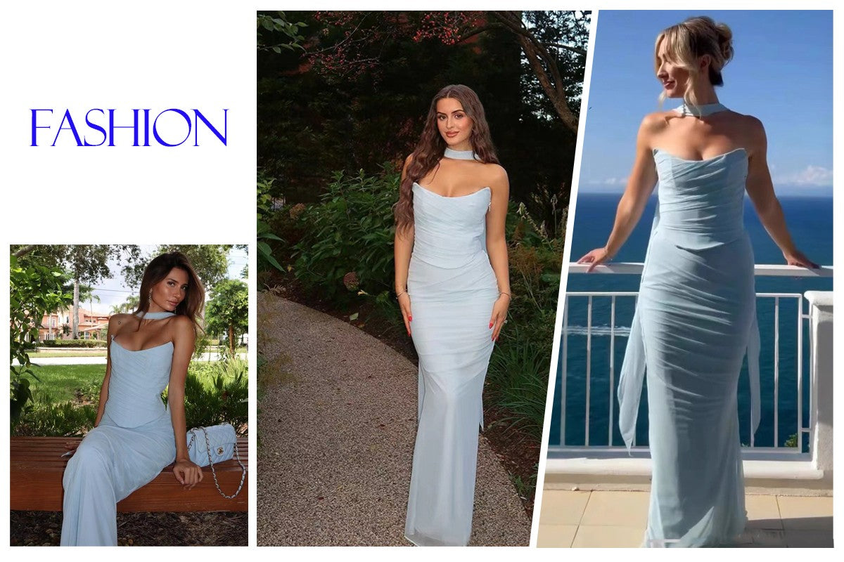 Suninheart Elegant Spaghetti Strap Midi Dress Slim A Line Party Dresses Navy Blu