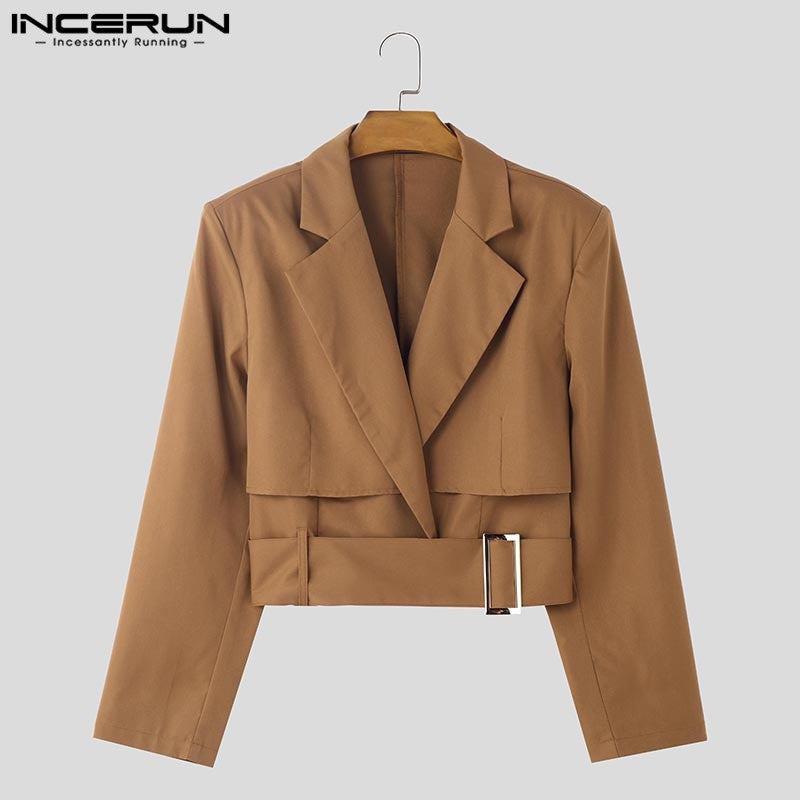 Fashion Well Fitting Tops INCERUN New Men Deconstruct Metal Buckle Suit Coat Casual Streetwear Cropped Long Sleeved Blazers 2025
