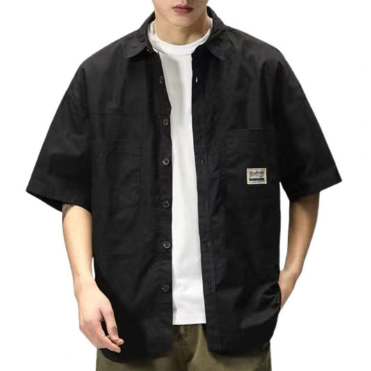 Camisa Masculina Cargo com Lapela Casual Cardigan Hip Hop Botões Cardigã de Peito Único Multi Bolsos Fresco Verão Masculino Tops Camisa Masculina