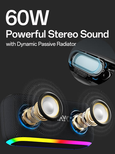 OHYAO Bluetooth 6.0 Speaker 60W Wireless Subwoofer Powerful Sound Deep Bass with RGB Lights for Outdoor Party Hiking Music Fun